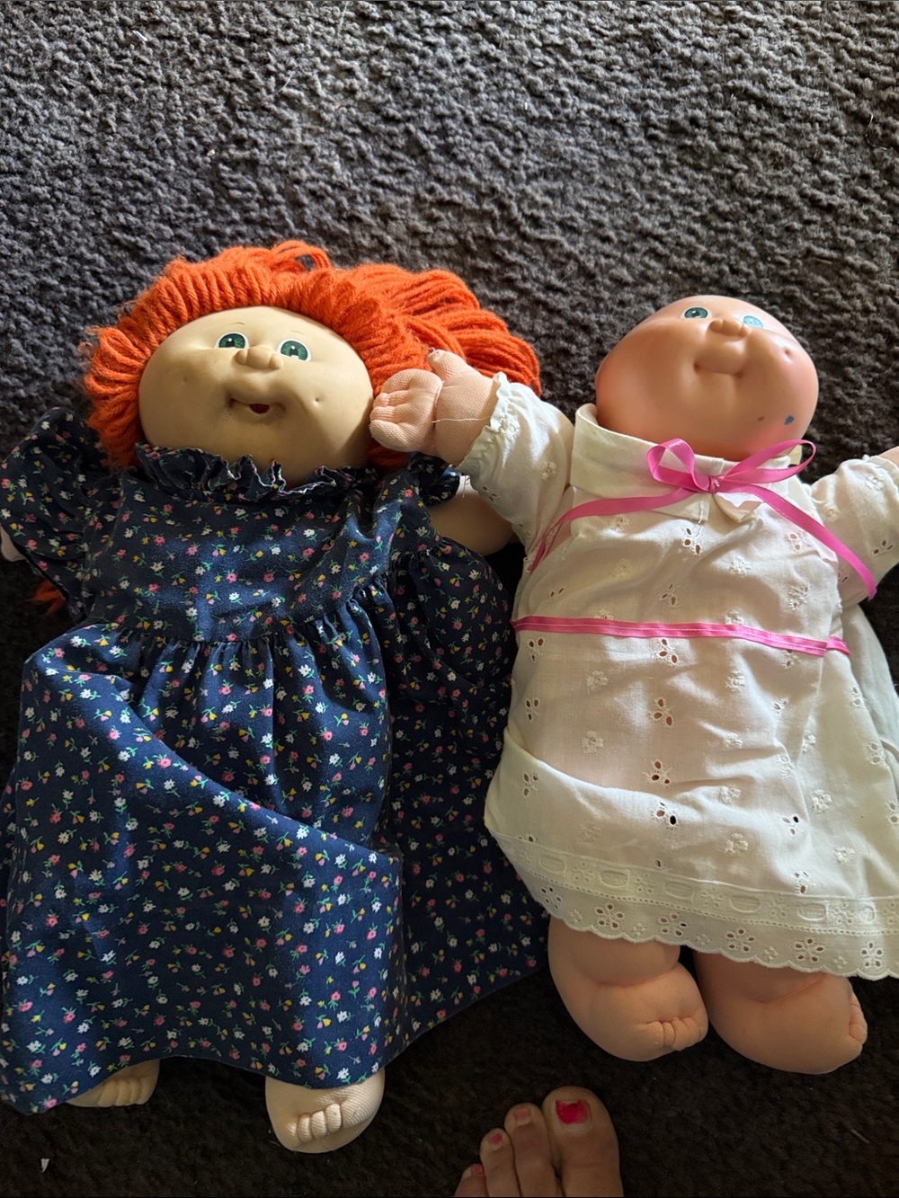 2- vintage Cabbage Patch Kids Style Soft Vinyl Doll - Red Hair & White Dress